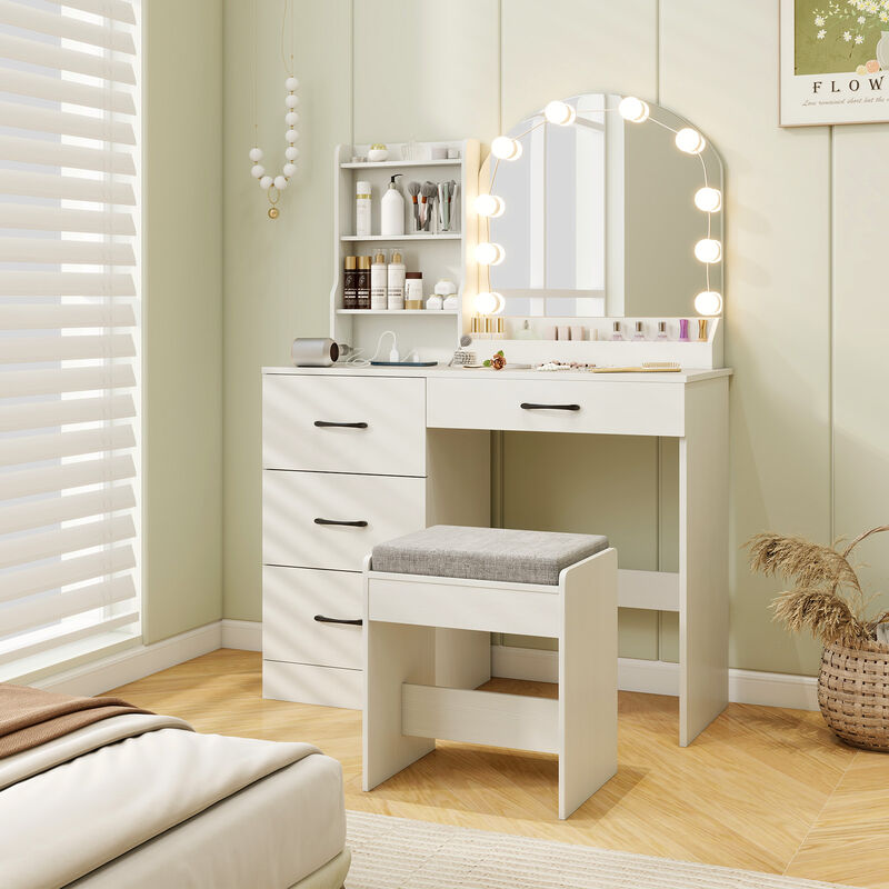 Makeup Vanity Desk Dressing Table and Stool Set with Mirror and Lights