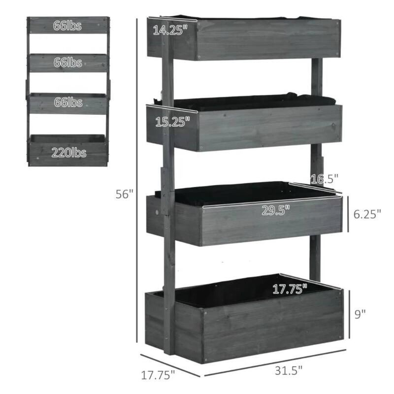 Hivvago 4 Tier Vertical Wooden Planter Box Raised Bed Grey