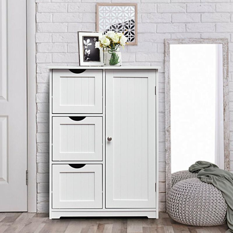 Hivvago Bathroom Floor Cabinet Side Storage Cabinet with 3 Drawers and 1 Cupboard