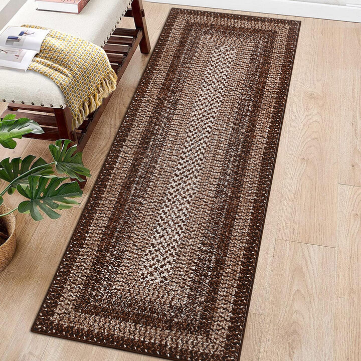 Farmhouse Runner Rugs Braided Print Hallway Rug with Non Slip Rubber Backing Washable Stain