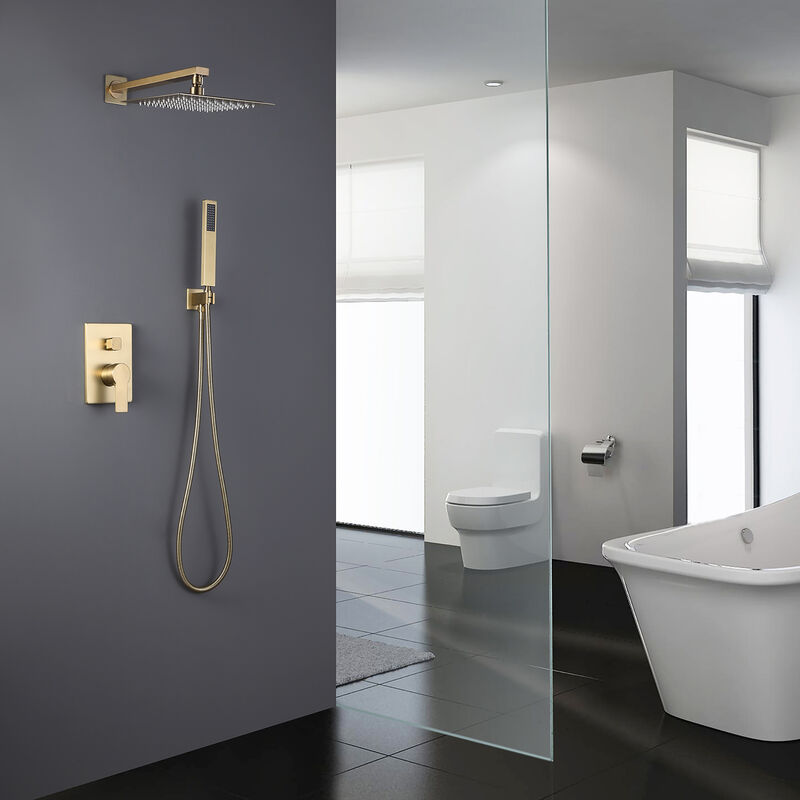 Modern Brushed Gold Square Double Function Wall Mount Bathroom Shower Set with Balance Valve
