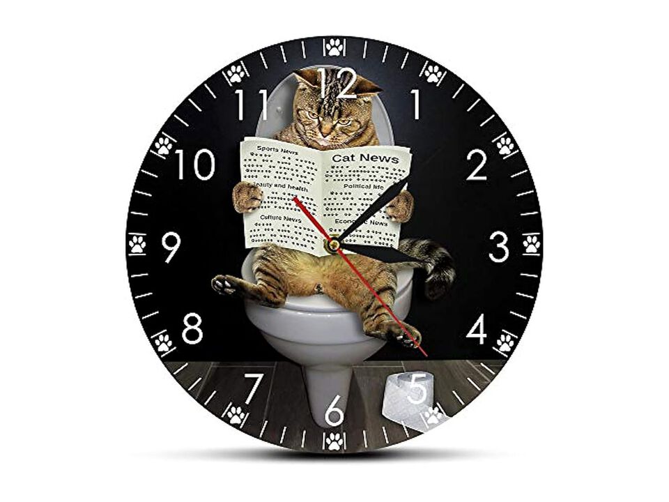 Kitten Cat Toilet Newspaper Funny Wall Clock Silent Non Ticking Bedroom Decor