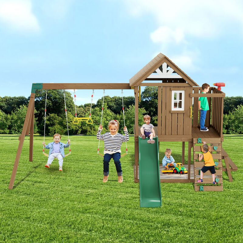 Backyard Wooden Swing Set with Slide and Upper Play Fort for Kids