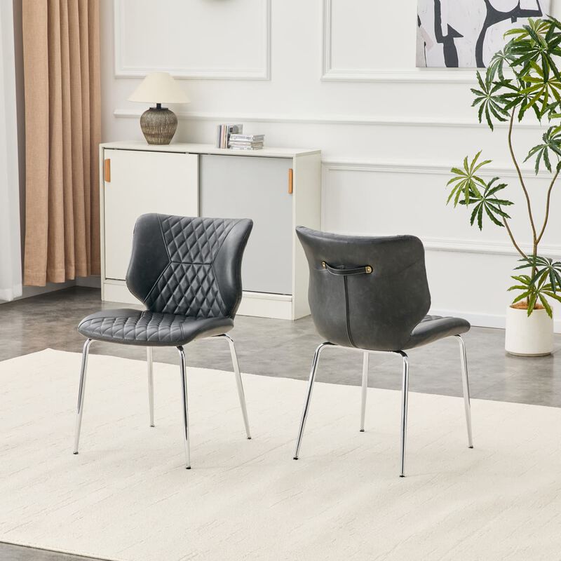 Set of 2 Leather Dining Chairs Square High Back Dining Chairs with Diamond Tufting Retro Dining Chairs with Metal Legs and Back Handle image number 4