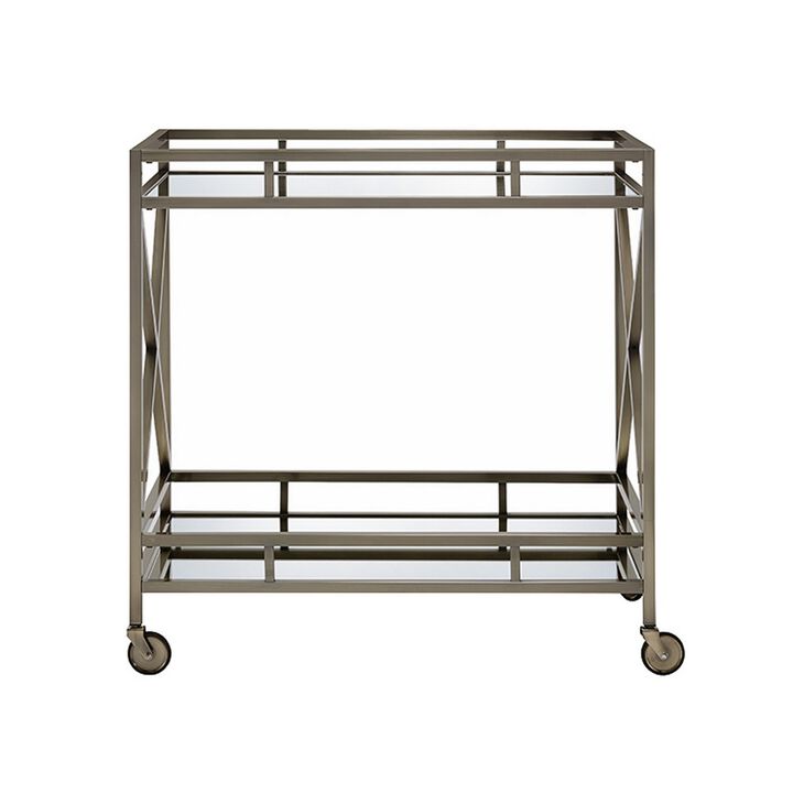 Metal Framed Two Tier Serving Cart with X Shaped Side Panels, Mirrored, Antique Gold-Benzara