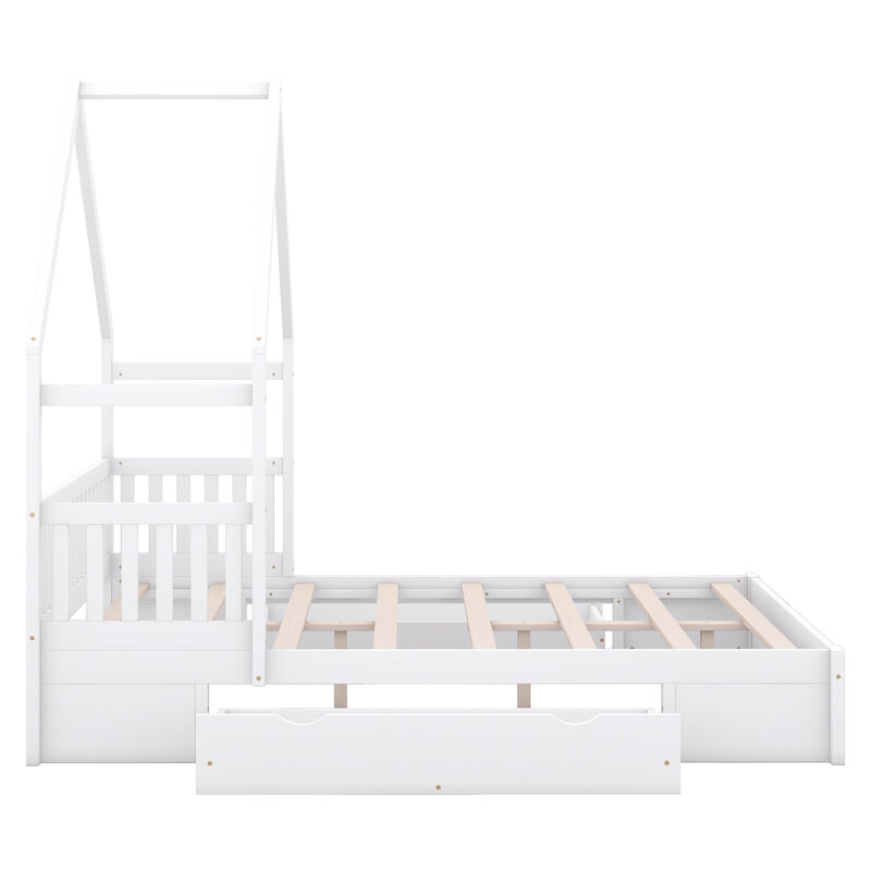 Whisen Queen Size Wood House Platform Bed with Guardrail and 2 Drawers - White