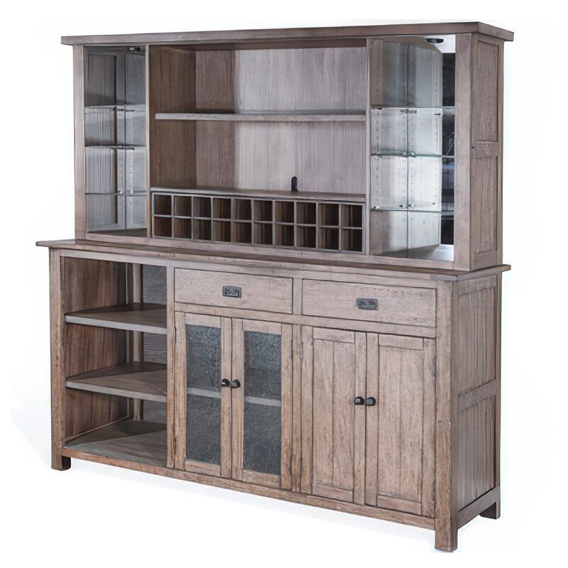 Yael Buffet, Hutch Bar Cabinet, LED Display Shelf, 80 Inch Brown Wood - Benzara image number 1