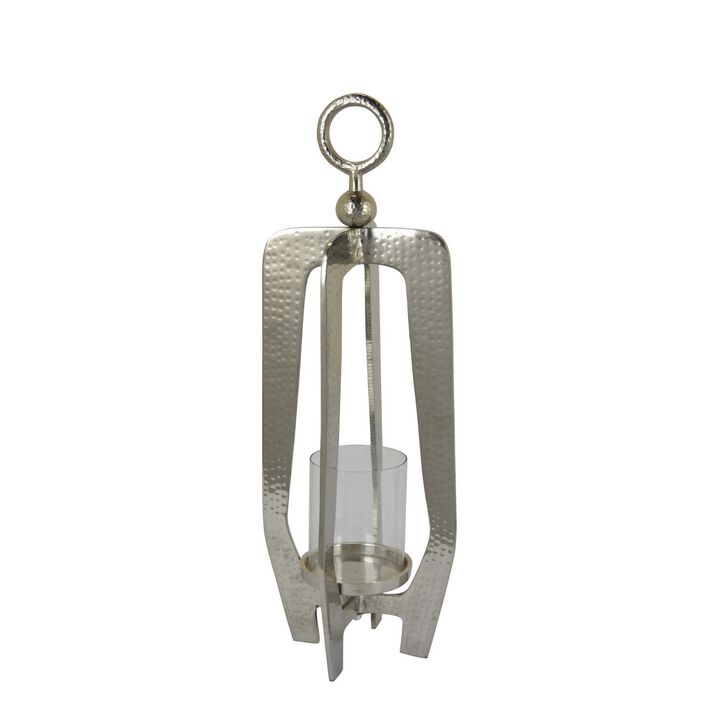 Brie Candle Holder Lantern, 23 Inch, Silver Metal Frame, Glass Shade - Benzara