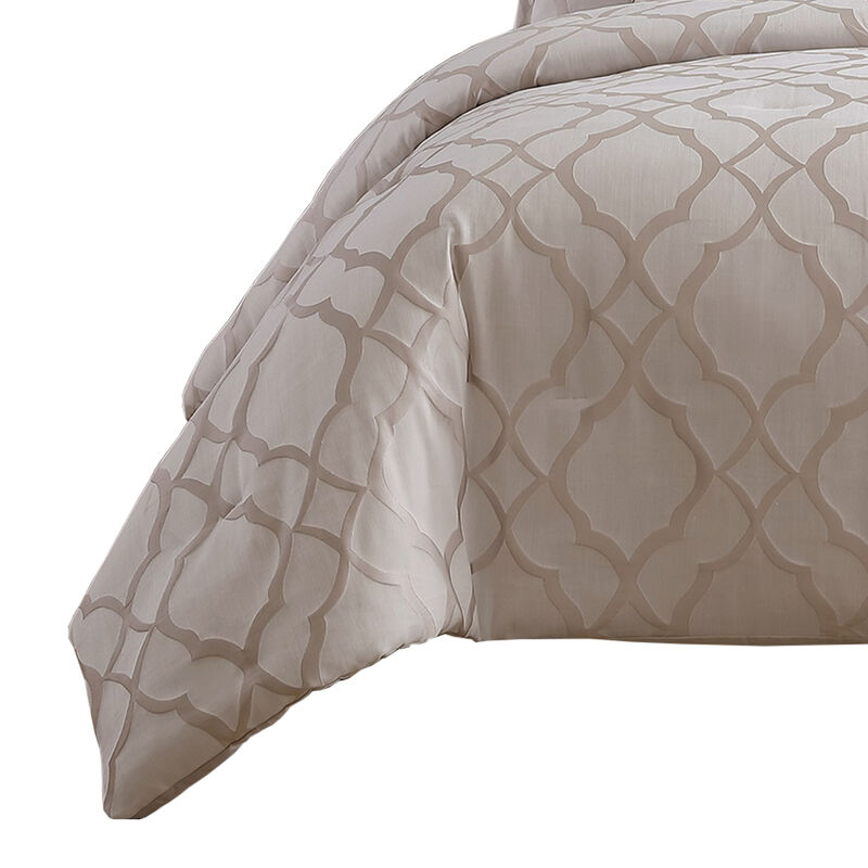 9pc Queen Size Comforter Set with Quatrefoil Prints, White Polyester - Benzara