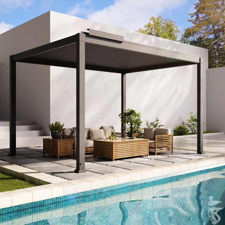 Mondawe 10 ft. x 13 ft. Gray Aluminum Louvered Pergola with Motorized Roof and Integrated LED Lights