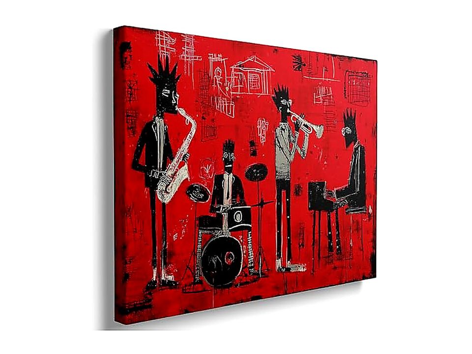 Red Jazz Band Canvas Wall Art Abstract Black Musician Modern Graffiti Street Bar
