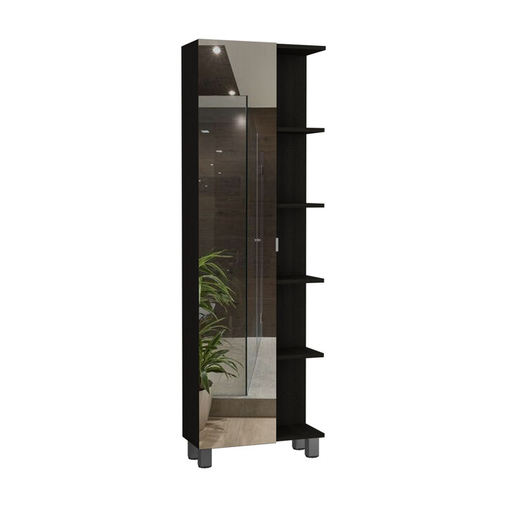 62H"Mirror Linen Single Door Cabinet, Five External Shelves, Four Interior Shelves, White