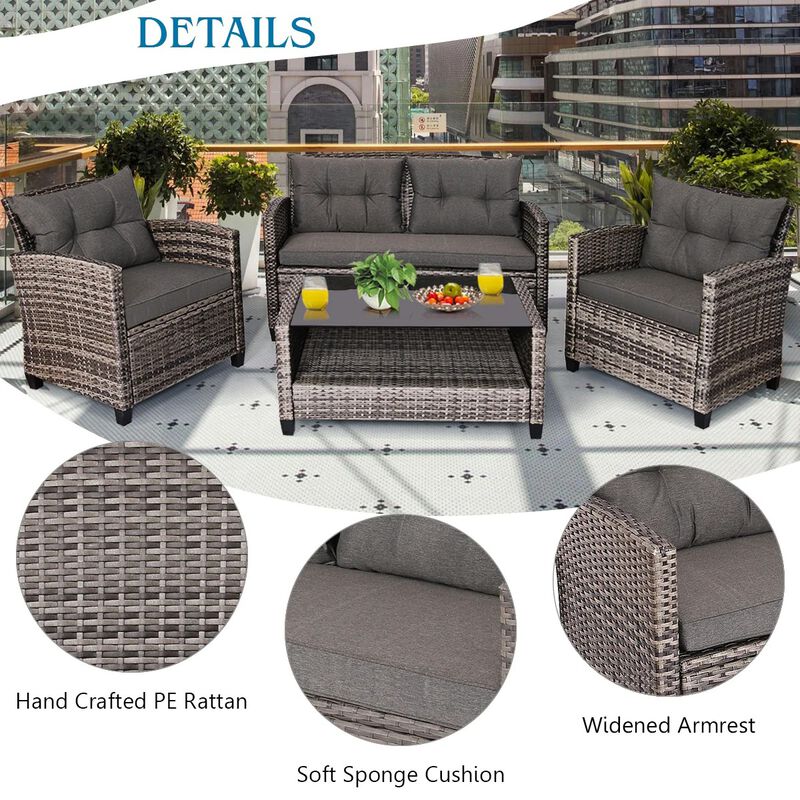 Mondawe 4 Pieces Patio Rattan Furniture Set with Coffee Table and Cushioned Sofa