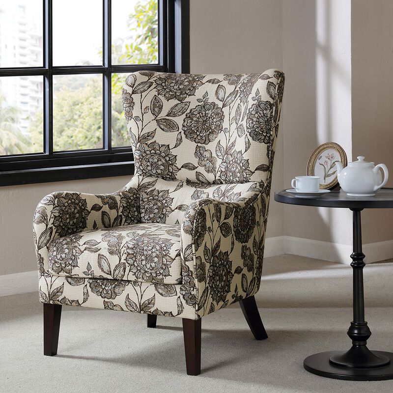 Gracie Mills Zachery Transitional Swoop Wing Chair with Round Arm and Piped Edges