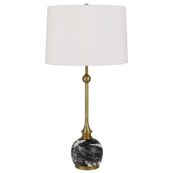 Table Lamp, White Drum Shade, Slim Brass Neck, Swirled Black Marble 29 Inch