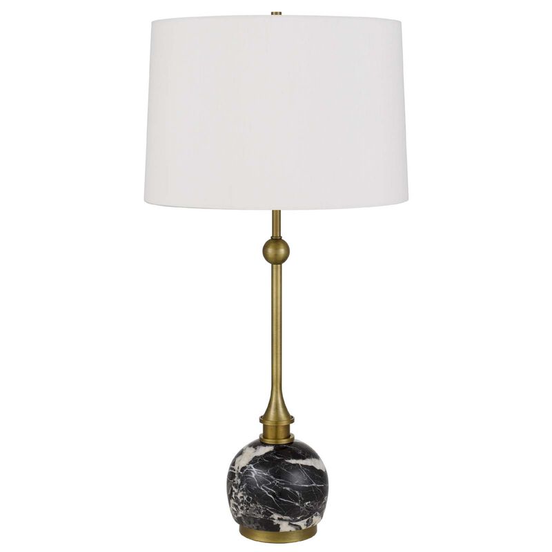 Table Lamp, White Drum Shade, Slim Brass Neck, Swirled Black Marble 29 Inch image number 0