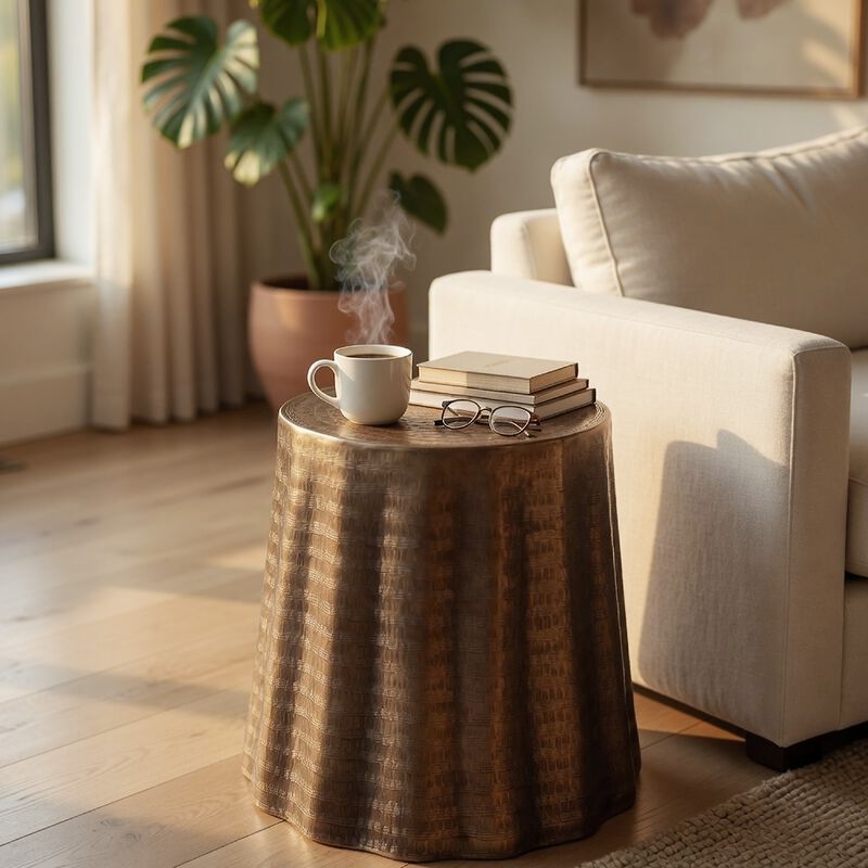 Liora 19" Side End Table , Handcrafted Bronze-Finish Aluminum , Hammered Round Design image number 5