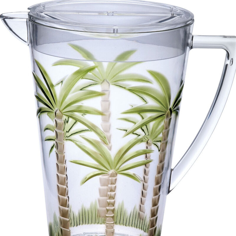 HomeRoots 2.5 Quart Clear and Green Palm Tree Acrylic Pitcher image number 2