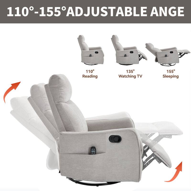 360&deg; Swivel Rocker Manual Recliner Chair with Heat and Massage, Upholstered Chenille Reclining Chair for Living Room image number 7