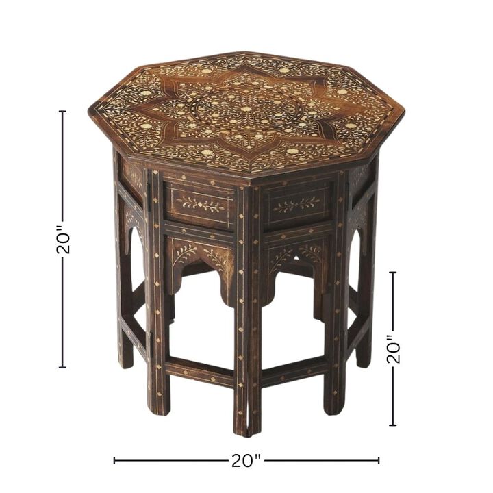 Starlight Canyon Home Vintage Side Table in Brown &ndash; Antique Side Table with Bone Inlay Design