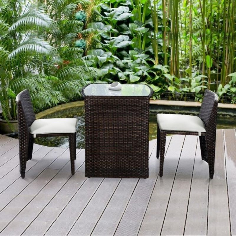 Hivvago 3 Piece Compact Espresso/White Wicker Patio Cushioned Outdoor Chair Table Set