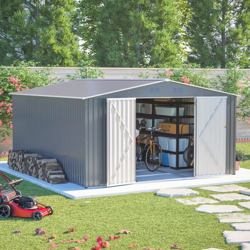 12x14 FT Metal Storage Shed, Lockable Double Door Tool Shed, Light Gray image number 2