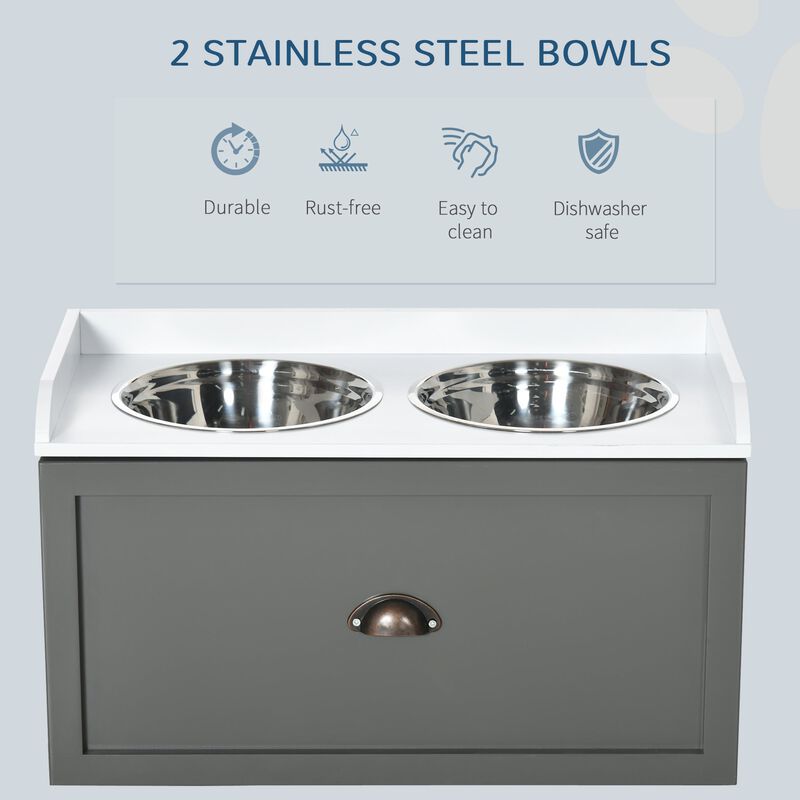 Large Elevated Dog Bowls with Storage Drawer Containing 21L Capacity, Raised Raised Pet Feeding Station with 2 Stainless Steel Bowls, Gray