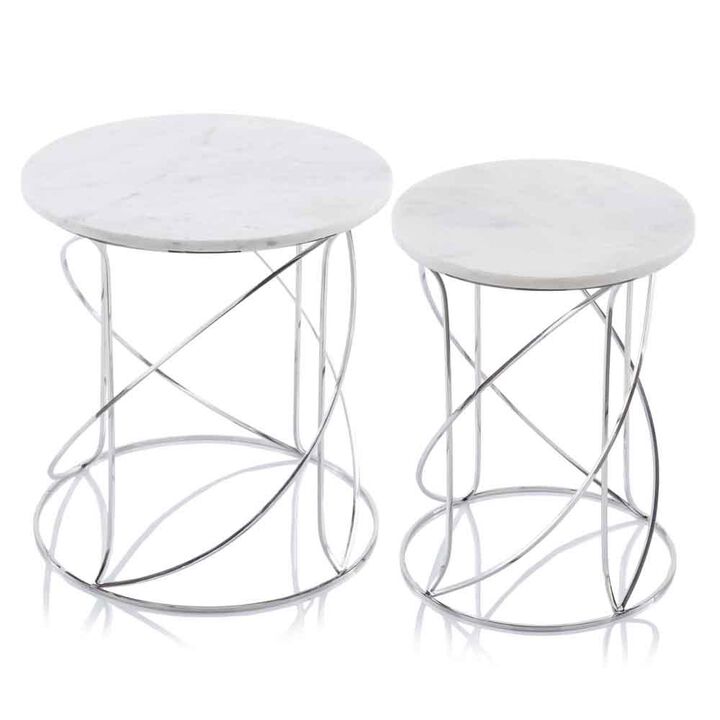 Hivvago Set of Two White and Silver Marble and Metal Round Pedestal End Tables