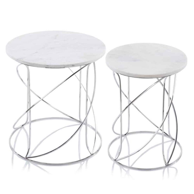 Hivvago Set of Two White and Silver Marble and Metal Round Pedestal End Tables