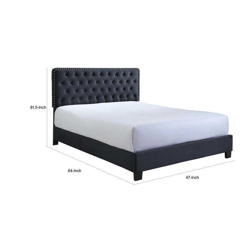 Jane Queen Size Bed, Low Profile, Black Tufted Fabric Upholstered Headboard - Benzara