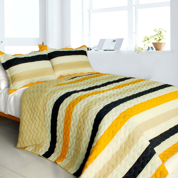 Queen Size 3-Piece Vermicelli Quilted Patchwork Quilt Set with Matching Shams