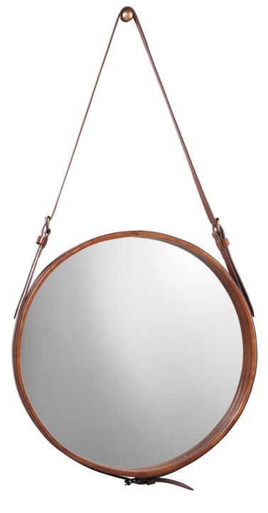 Small Round Steel Mirror, Brown Leather