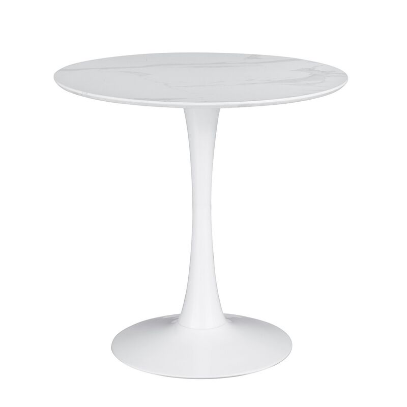 Loxi 30 Inch Round Dining Table, White Faux Marble Top, Tulip Accent Body - Benzara
