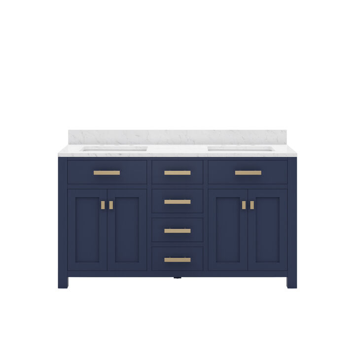Madison 60 In. Double Sink Carrara White Marble Countertop Bath Vanity In Monarch Blue with Satin Gold Hardware