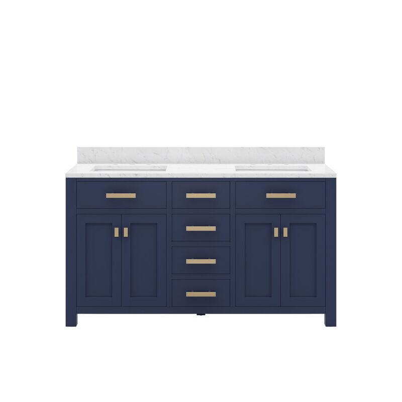 Madison 60 In. Double Sink Carrara White Marble Countertop Bath Vanity In Monarch Blue with Satin Gold Hardware