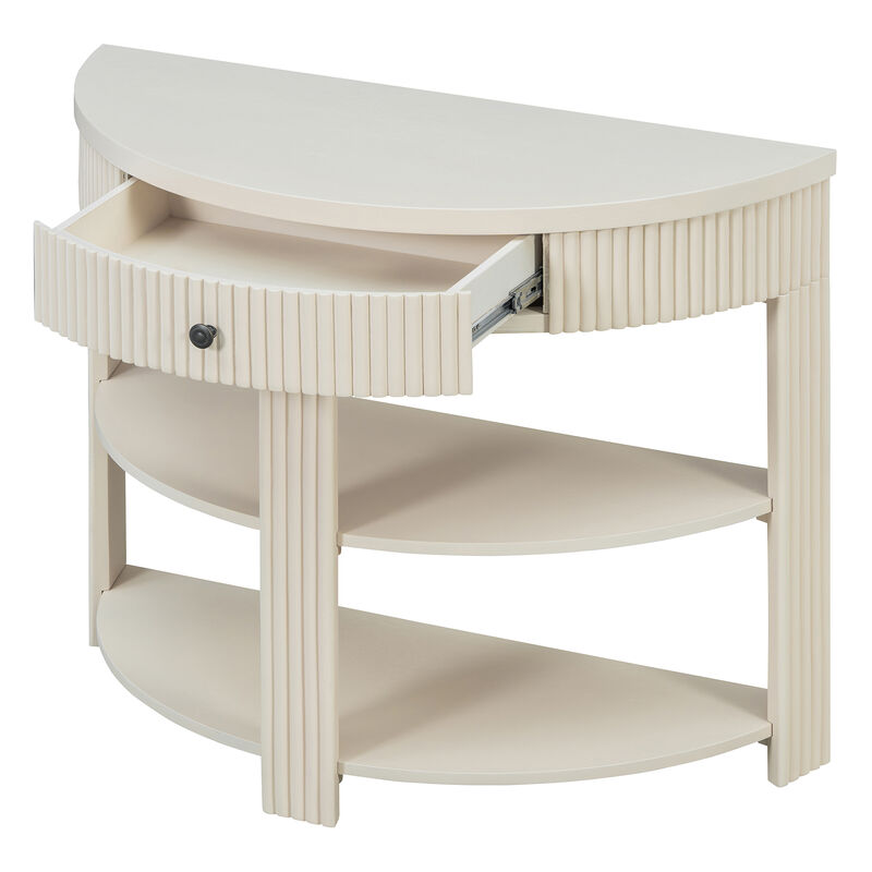 Whisen Half Moon Console Table, Fluted Wooden Entryway Table with Drawer & 2 Shelves, Solid Wood & MDF for Living Room Hallway image number 7