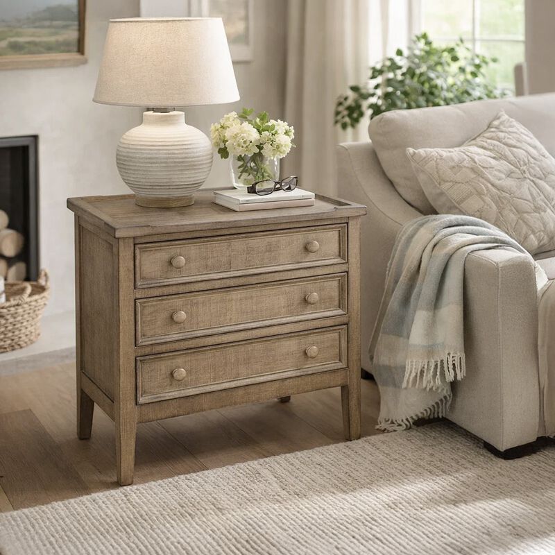 Rena Side End Table, 3 Drawers with Round Knobs, 28" Distressed Pebble Brown Mahogany Wood image number 8