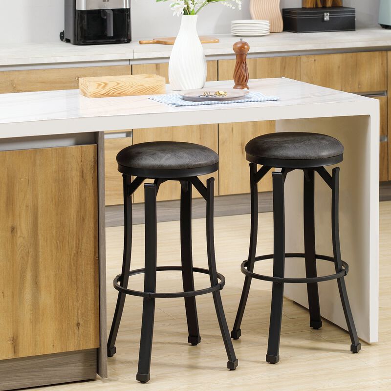 Bar Stools Set of 2, Vintage Barstools with Footrest, Microfiber Cloth Bar Chairs 29" Seat Height with Powder-coated Steel Legs, Dark Grey image number 2