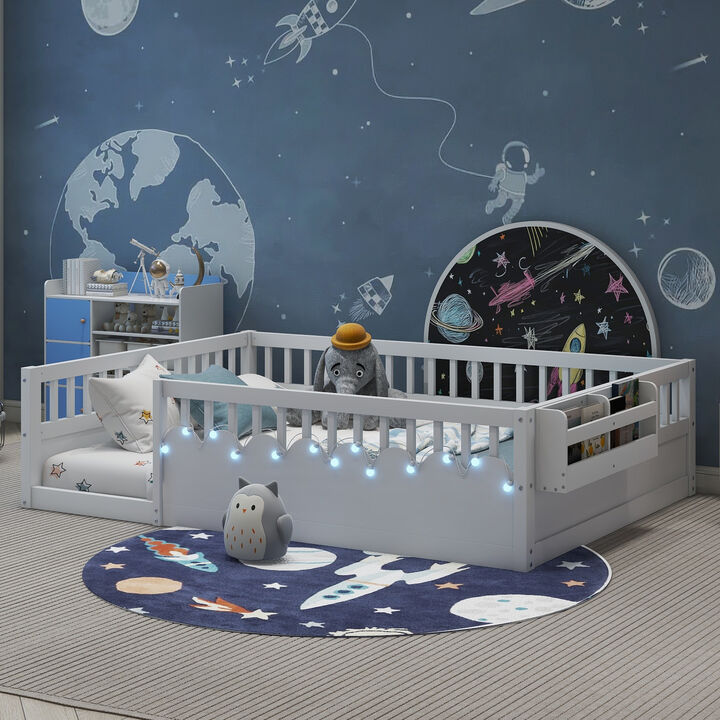 Whisen Montessori Floor Bed Frame with High Rails, Light and Storage Shelf