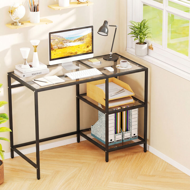 Modern Computer Desk with 2 Open Shelves and Metal Frame image number 1