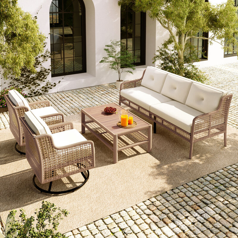 Whisen 5-Person Outdoor Sectional Wicker Sofa Set with Swivel Chairs for Poolside Backyard Deck image number 3