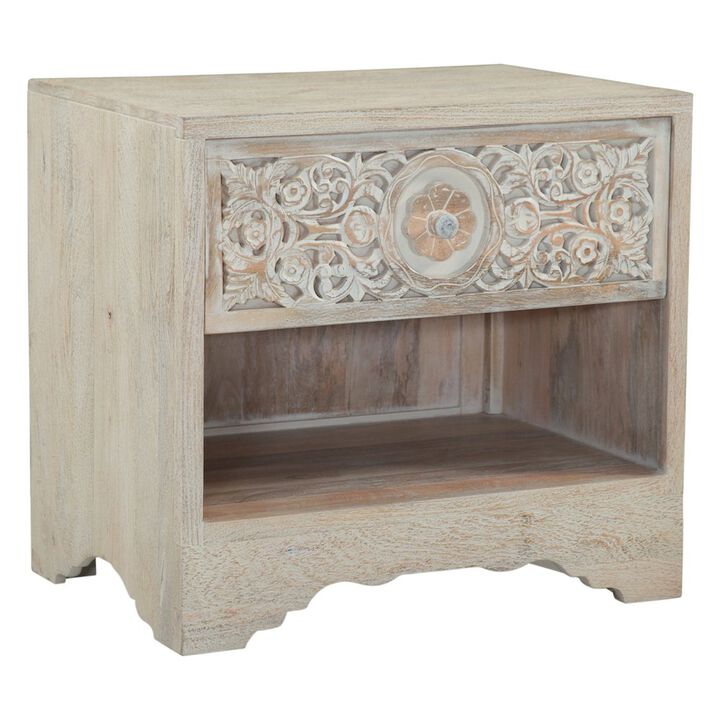 World Interiors Haveli 26" Plinth Base Nightstand in Carved Heirloom White