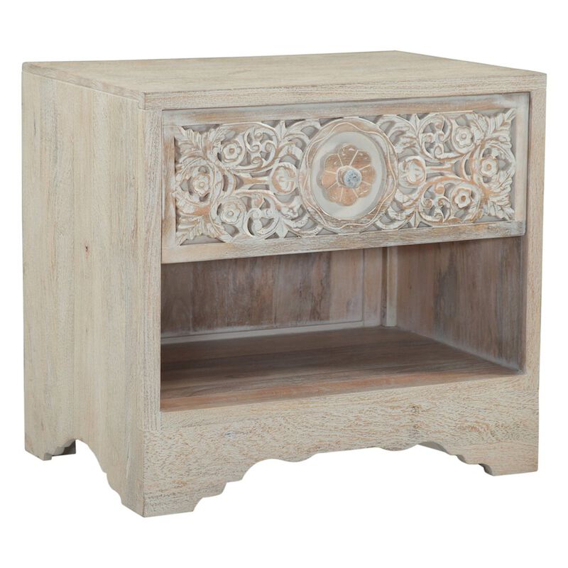 World Interiors Haveli 26" Plinth Base Nightstand in Carved Heirloom White image number 1