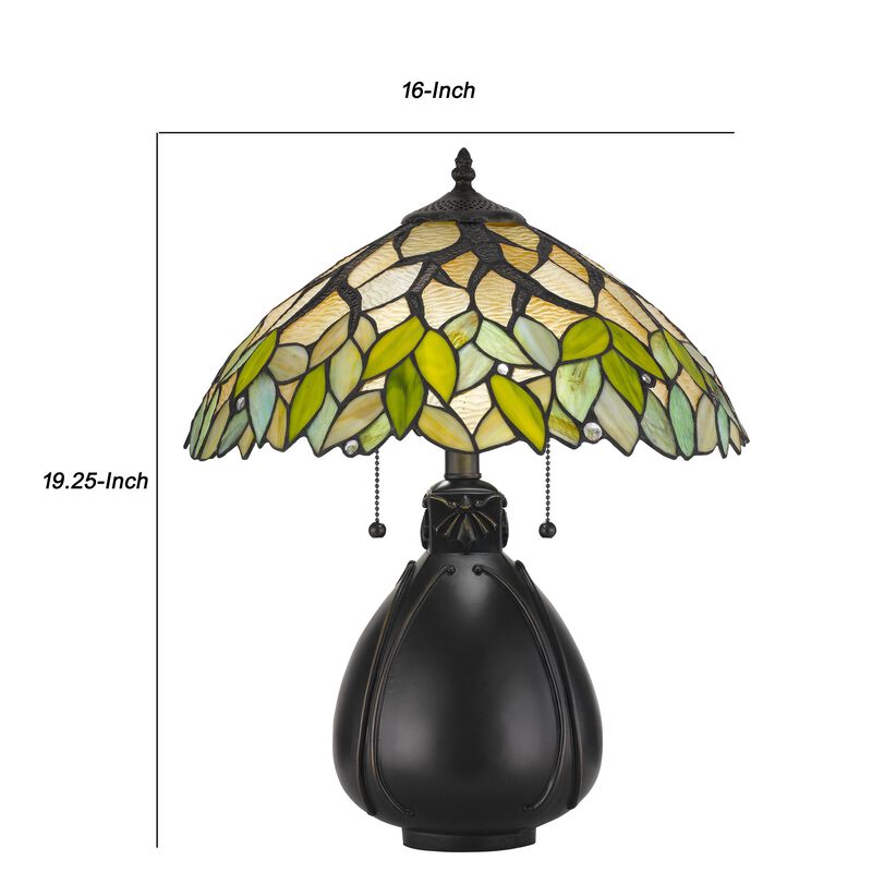 2 Bulb Tiffany Table Lamp with Leaf Design Glass Shade, Multicolor-Benzara