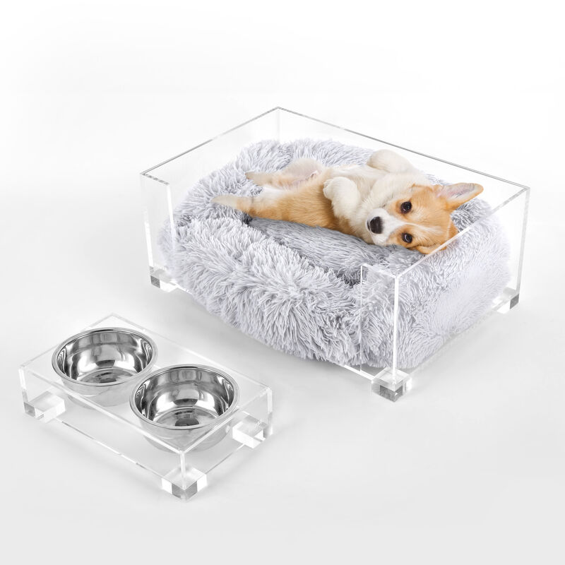 Billie Small Modern Lucite Calming Fluffy Pet Bed with Washable Cushion and Elevated Pet Feeder with 2-Stainless Steel Bowls (Set of 2)