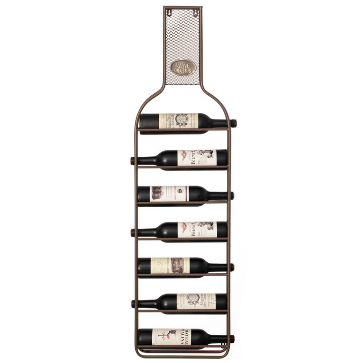 Vintiquewise Decorative Wall-Mounted 7-bottle Metal Wine Rack with Mesh Cork Catcher, Stylish Champagne, White, and Red Wine Storage for Living Room, Kitchen, Dining Room, and Bar Décor, Brown