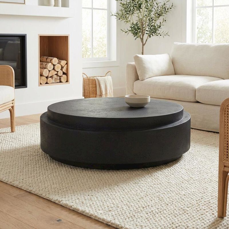 Starlight Canyon Home Black Concrete Coffee Table with Stone Surface and Contemporary Design image number 3