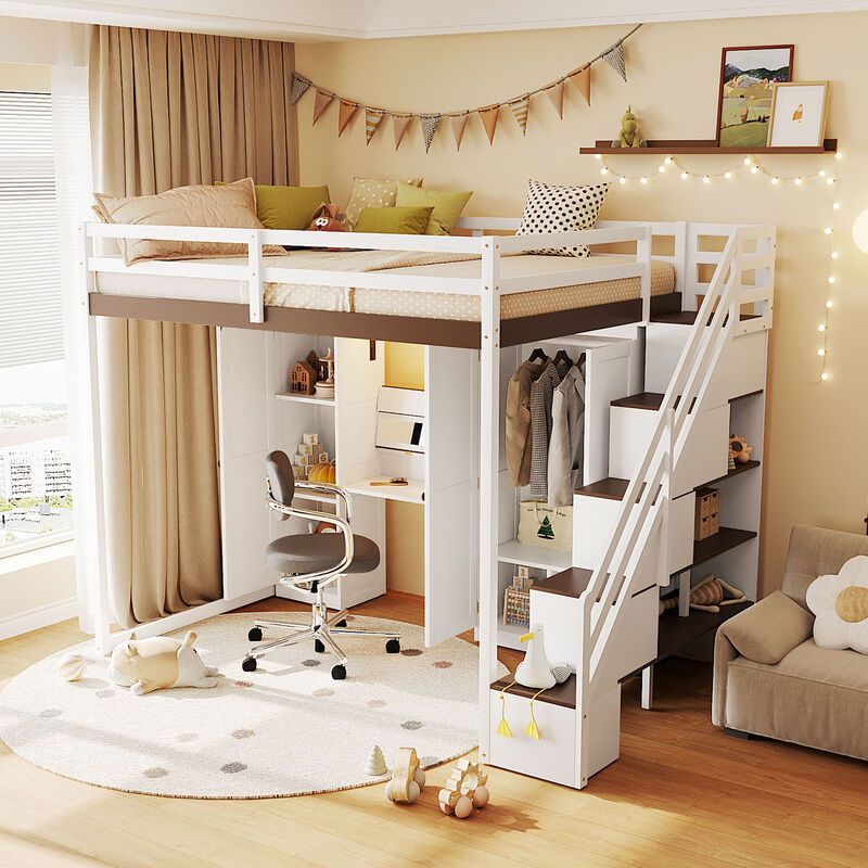 Merax Full Size Loft Bed with Staircase, Dressing Table, Wardrobe, 3-Tier Cabinet image number 3