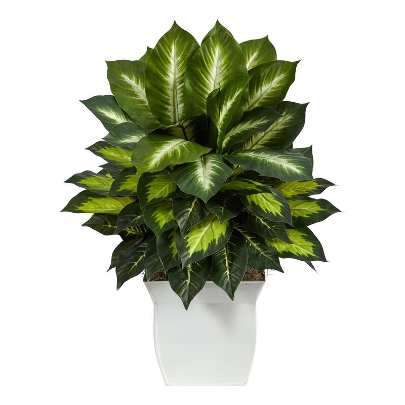 Nearly Natural 2-ft Golden Dieffenbachia Plant in White Metal Planter