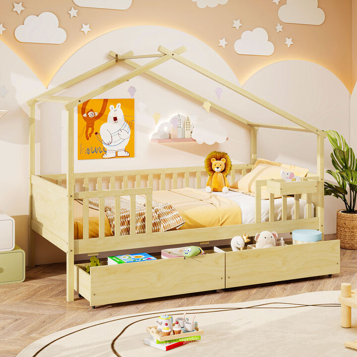 Twin Size House Bed with Roof, Fence Rails and 2 Storage Drawers